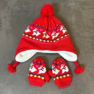 Old Navy Ski Bunny Red Pom Pom Hat Hear Flaps Sweater Mittens Toddler Girls